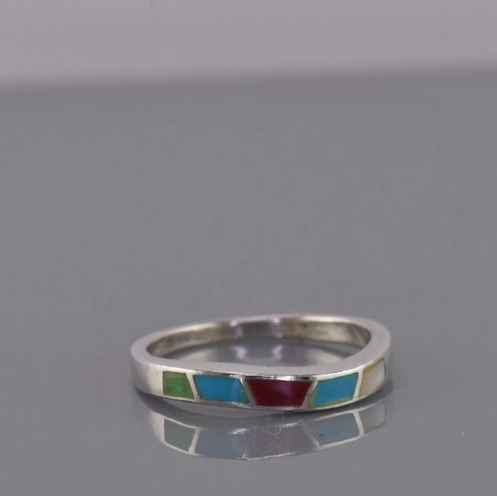 Vintage NF Thailand Sterling Silver 925 Multi-Stone Inlay Wave Band Ring